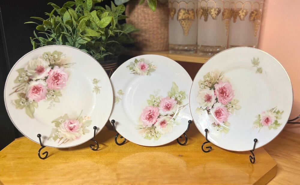 Antique J&C Bavaria Porcelain Plates, Pink Rose Design (Set of 3)